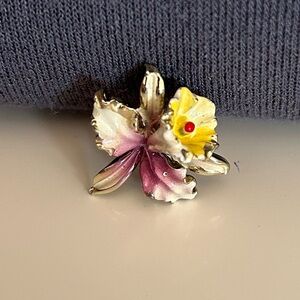 Vintage Orchid Floral Pin Flower Enamel Brooch